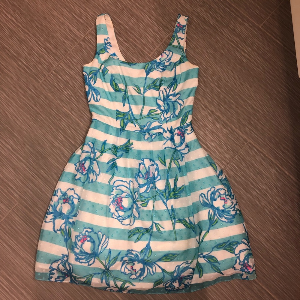 Blue and White Striped Floral Dress